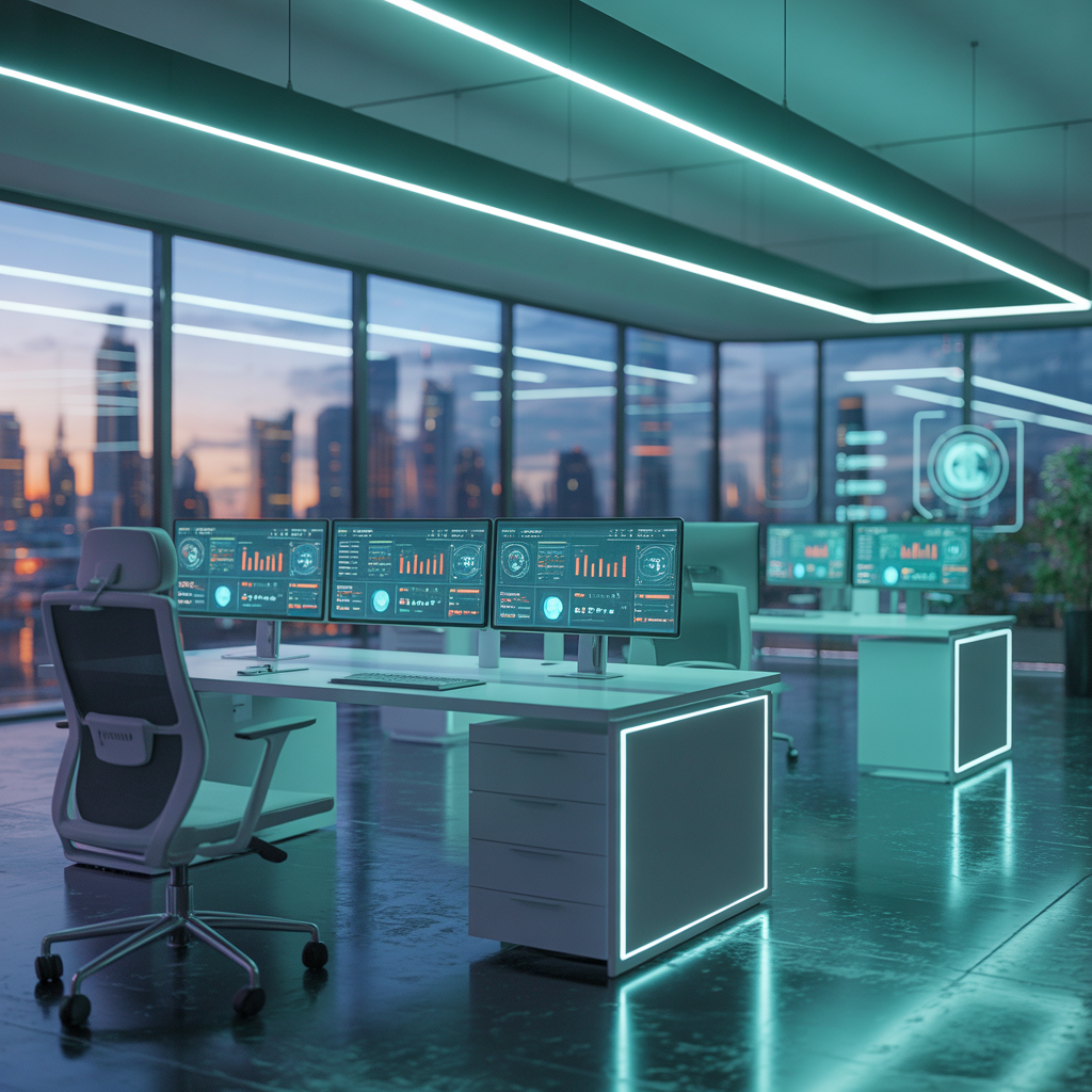 Futuristic smart office interior with holographic displays, ultra-wide monitors showing data dashboards, glowing teal LED lighting, sleek white desks, ergonomic chairs, floor-to-ceiling windows with city skyline at dusk, no people, ultra-realistic render